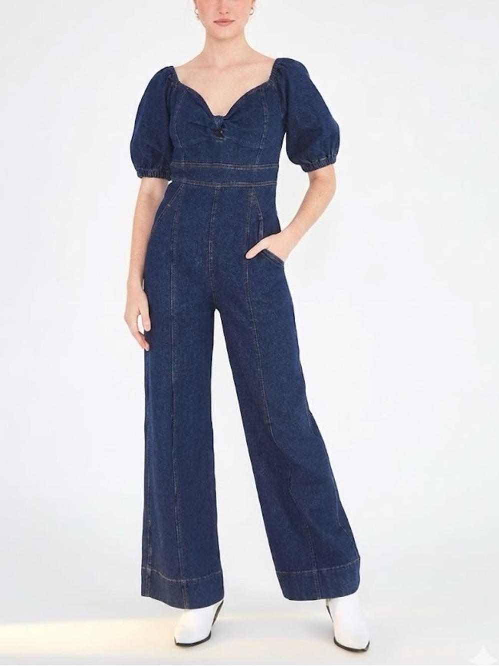 FARM RIO Puff-Sleeve Wide-Leg Denim Jumpsuit Size Large